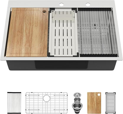 30 Drop In Kitchen Sink - Oumuch 30x22 Inch Stainless Steel Drop In Single Ledge Workstation Sink 16 Gauge Single Bowl Topmount Sink, 30"x22"x9"