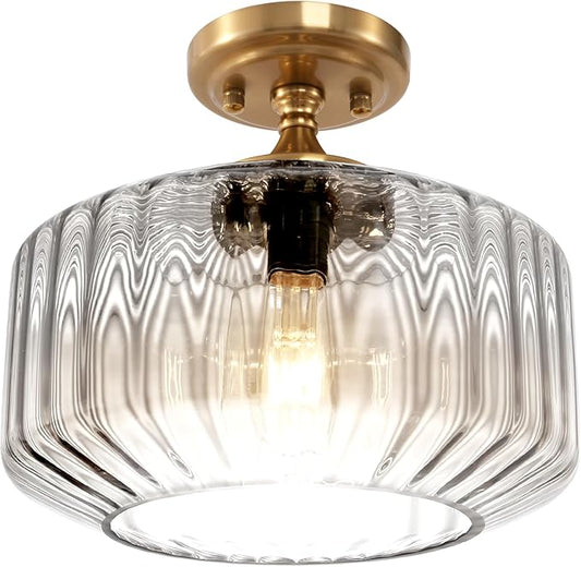 Clear Glass Ceiling Light, Vintage Seeded Glass Flush Mount Fixture with Ribbed Shade, Farmhouse Lighting for Kitchen, Living Room, Bedroom, Entryway, Bathroom