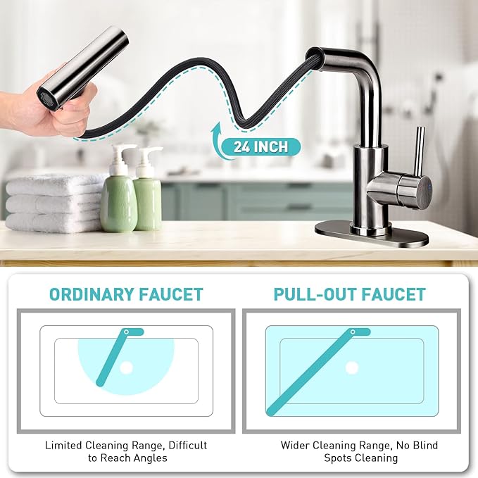 Bathroom Sink Faucet with 4 Mode Pull Down Sprayer, Matte Grey Single Handle Pull Out Faucet with Pop-Up Drain, 1 or 3 Hole Laundry Bar Basin Faucet with Deck Plate