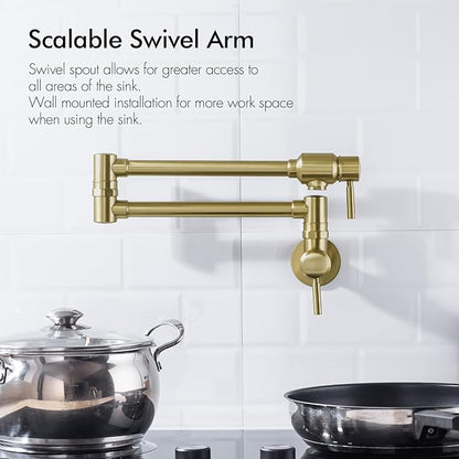 BAGNOLUX Traditional Wall Mounted Single Hole Pot Filler Faucet, Brass Kitchen Faucet Restaurant Stove with 2 Lever Handles and Double Jointed Swing Arm, 23.4 Inch, Brushed Gloss Dark Gold-PVD