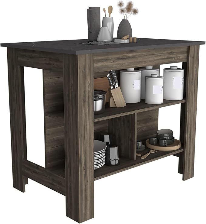 Kitchen Island Kitchen Table 35" H Four Legs with 3 Open Storage Shelves Wide Top for Meal Prep Spacious Leg Room Practical(Black Gray)