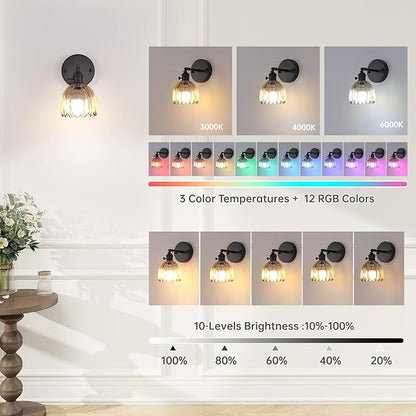 Shenmoyl Vintage Battery Operated Wall Sconce with Amber Tulip Glass Lampshade Rechargeable Battery Powered Black Wall Light with Remote Control for Bedside Bedroom Doorway, Set of 2