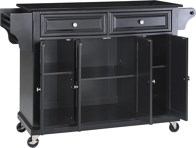 Crosley Furniture Full Size Granite Top Rolling Kitchen Island Storage Cart, Microwave Stand, Spice Rack, Black