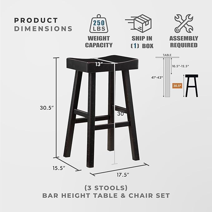 Lexicon Bar Table Set for 3, Small Kitchen Table Set Kitchen Island Table with 3 Saddle Bar Stools, 4 Piece Dining Table Set for Breakfast Nook, Living Room, Apartment, Pub Height, Black