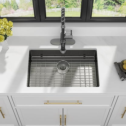 Kichae 27 Inch Black Undermount Kitchen Sink 27” x18” x5” Kitchen Sink Stainless Steel 16 Gauge Shallow Kitchen Sink Round Corner Handmade Basin