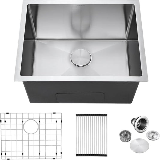 24-inch Undermount Laundry Utility Sink - SINKVINE 24x19x13 Extra Deep Stainless Steel Single Bowl Basin with Drain Strainer, Bottom Grid & Drying Unit for Laundry Room, Outdoor, Garage, Kitchen Use