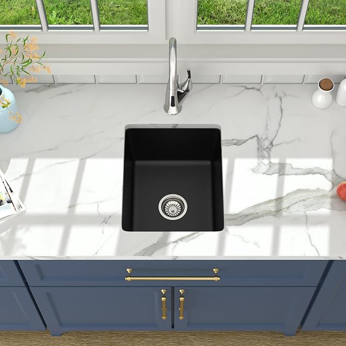 Lordear 15 Black Bar Sink Composite Granite - 15x18 Inch Black Undermount Sinks Small Granite Composite Quartz RV Wet Bar Camper Mobile Home Sink Basin