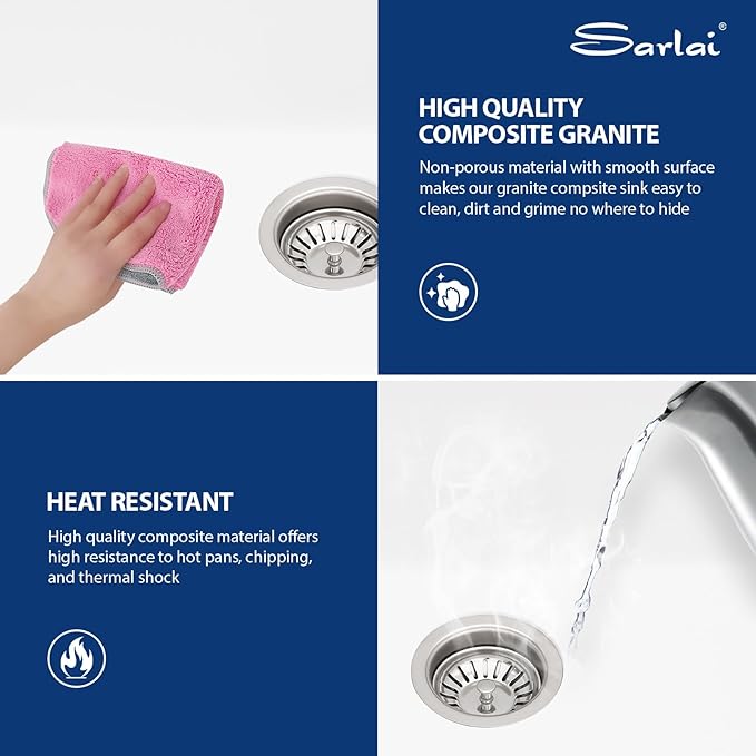 Sarlai 33 Granite Kitchen Sink Double Bowl - 33"x19" White Granite Composite Kitchen Sink Ledge Workstation White Undermount Double Bowl 50/50 Low Divide Quartz Classic Composite Under Counter Basin