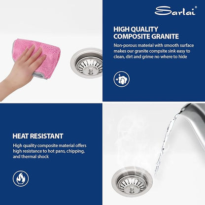Sarlai 33 Granite Kitchen Sink Double Bowl - 33"x19" White Granite Composite Kitchen Sink Ledge Workstation White Undermount Double Bowl 50/50 Low Divide Quartz Classic Composite Under Counter Basin