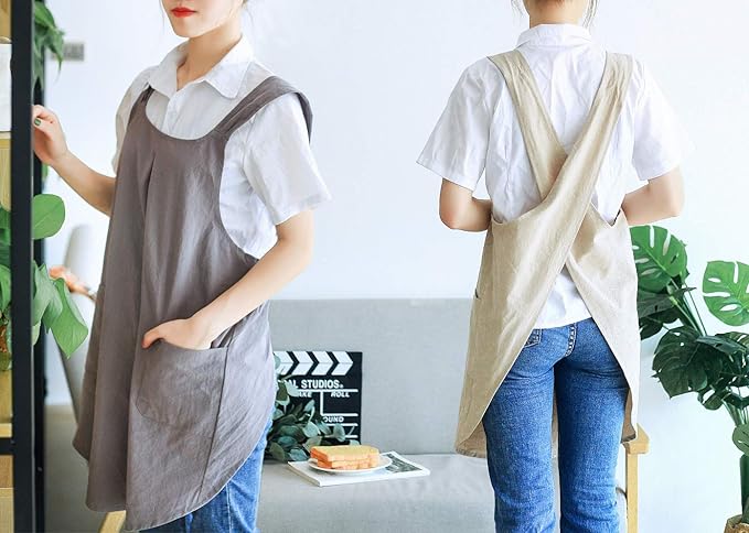 Soft Cotton Linen Apron Cross Back X-Shaped Japanese Style Pinafore Dress for Cooking, Housewarming, Daily Chores