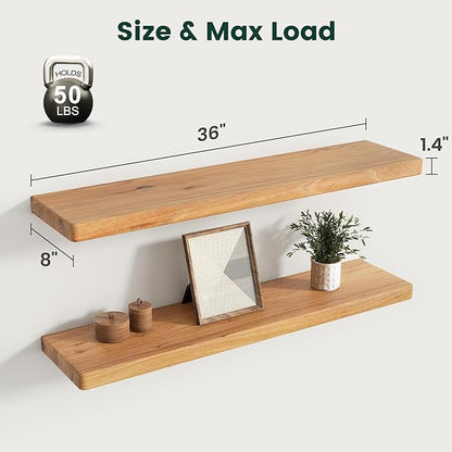 36 Inch Flat Edge Floating Shelves, 8 Inch Deep Solid Elm Wood Wall Shelf, Heavy-Duty Wall Mounted Shelf with Invisible Brackets for Living Room, Bathroom, Kitchen, Set of 2, Natural Color