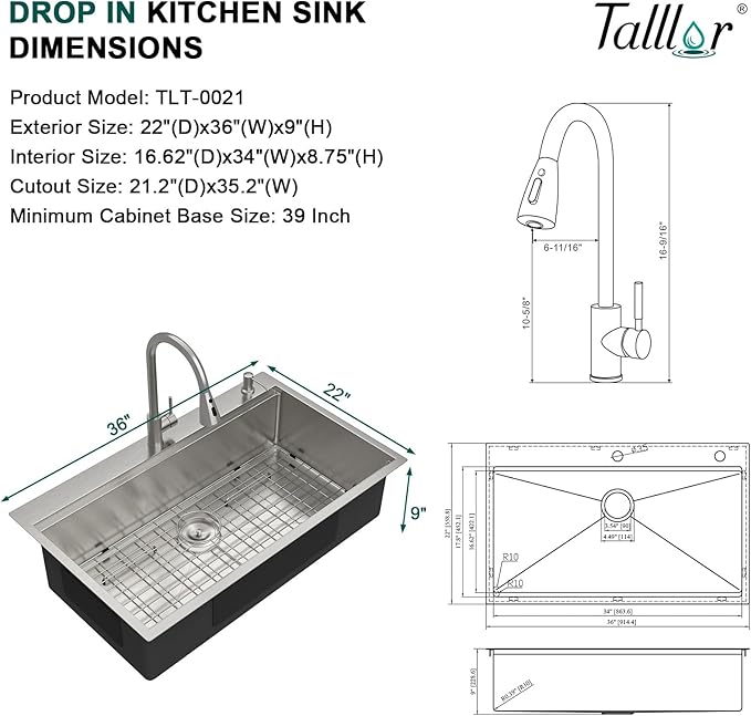 36 Inch Drop In Kitchen Sink with Faucet Combo - 36x22 Workstation All-In One 16 Gauge Stainless Steel Single Bowl Topmount Large Sink For Kitchen with Accessories, #TLT-0021