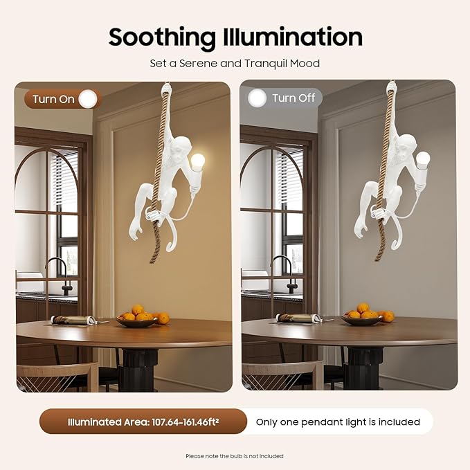 Vintage Monkey Pendant Light Retro Resin Hemp Rope Monkey Lamp 13.7 x 78.7 Inch Hanging Light Fixture E26 Chandelier Ceiling Pendant Lamp for Dining Living Room Bar Cafe (White - Pendant Light)