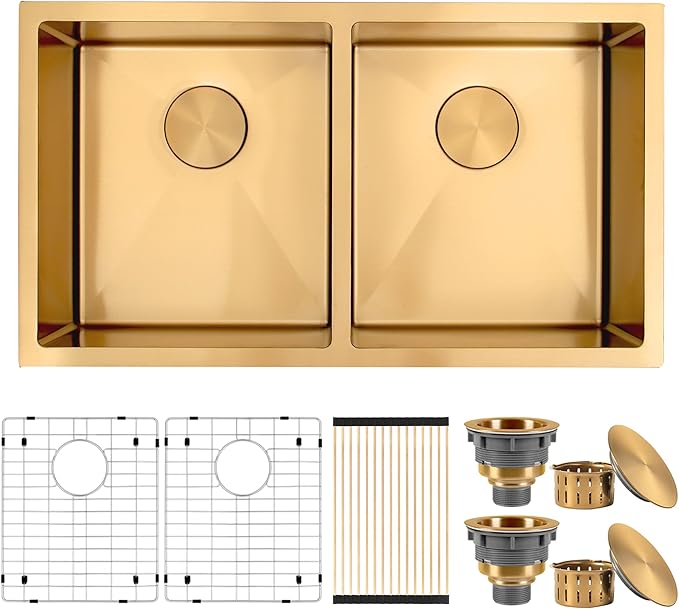 Double Bowl Gold Kitchen Sink 31" X 18",50/50 Double Bowl Undermount Kitchen Sinks,16 Gauge Stainless Steel Undermount Gold Sink