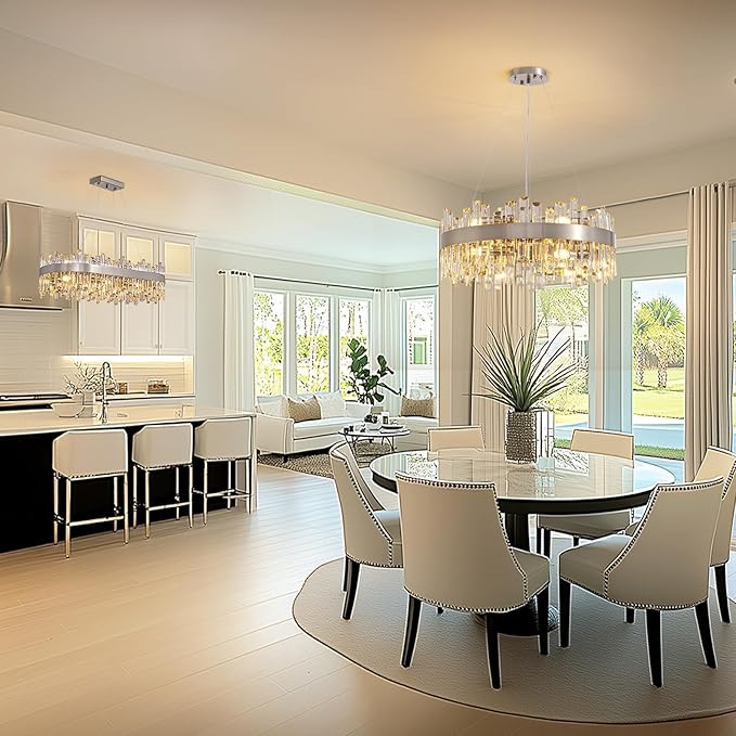 Siljoy Modern Crystal Chandelier 12-Light Brushed Nickel Luxury 2-Tiers K9 Crystal Raindrop Chandelier Dimmable Crystal Ceiling Light for Dining Living Room Kitchen Entryway Foyer D23.6''