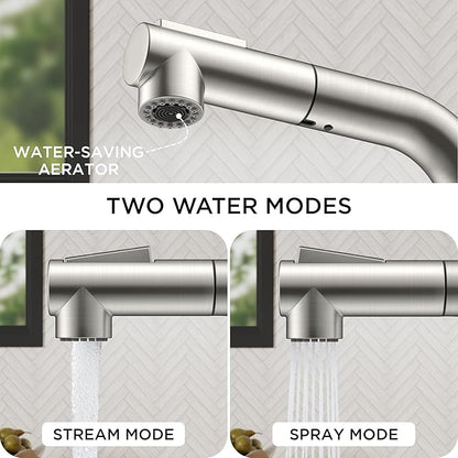 FORIOUS Modern Bar Sink Faucet Brushed Nickel, Stainless Steel Single Handle Small Kitchen Sink Faucet with Pull Out Sprayer, 360° Swivel Spout L-Shaped Design Suitable for Camper Outdoor Bathroom RV