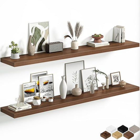 Fun Memories 72 Inch Floating Shelves, 12 Inch Deep Wall Shelf for Fireplace Mantel, Walnut Deep Storage Shelves for Home & Office, Long Floating Shelf with Invisible Bracket, Set of 2