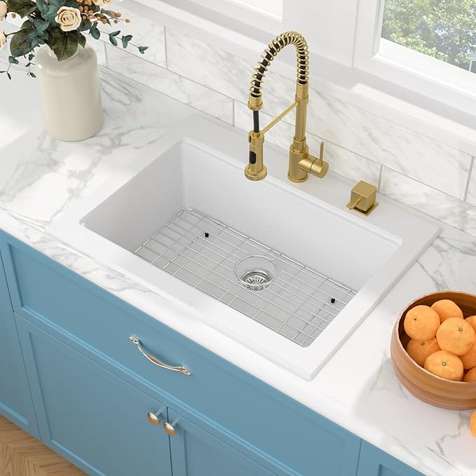 Sarlai Granite Composite Kitchen Sink - 30"x22" Drop In Kitchen Sink 30 Inch Ledge Workstation White Granite Quartz Composite Top-Mount Single Bowl Sinks Basin with Accessories