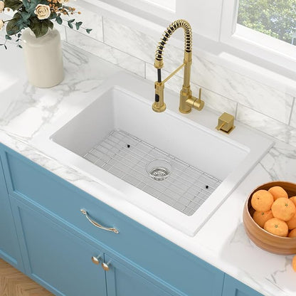 Sarlai Granite Composite Kitchen Sink - 30"x22" Drop In Kitchen Sink 30 Inch Ledge Workstation White Granite Quartz Composite Top-Mount Single Bowl Sinks Basin with Accessories