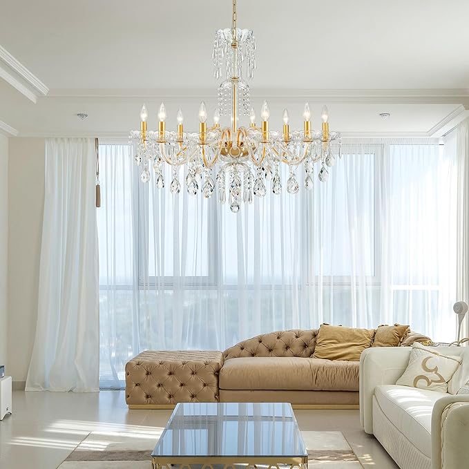 WUZUPS 10-Light Crystal Candle Chandelier Pendant Ceiling Light Modern Lighting Fixture for Bedroom Hallway Bar Kitchen Bathroom, H 26.7" W 33.9", E12 Base, Gold