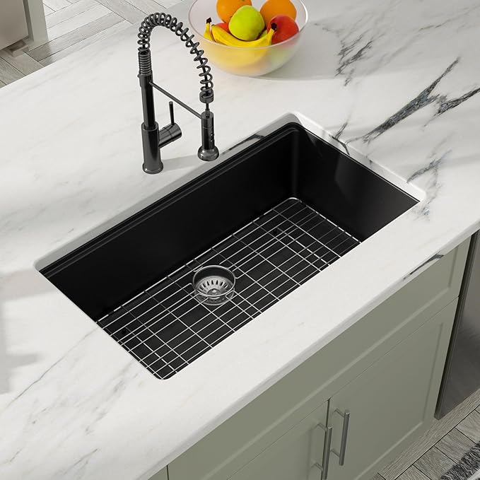 Dcolora Matte Black Quartz Kitchen Sink 33” Undermount Single Bowl, Workstation Design with Accessories, Durable Heat & Scratch Resistant Granite Sink #DC-GU7743