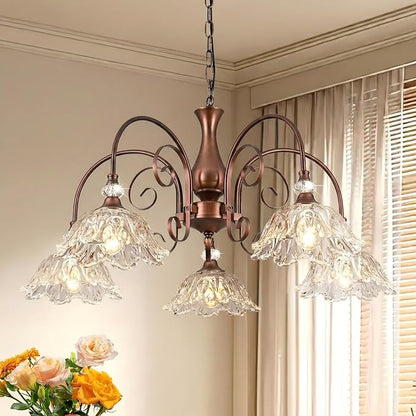 5-Light Vintage Chandeliers in Antique Red Bronze Finish with Crystal Glass Shades, Retro Chandelier Light for Dining Room, Hallway, Kitchen