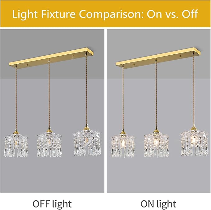 3-Light Brass Vintage Glass Pendant, Crystal Pendant Light, Adjustable Height Lighting for Kitchen Island, Dining Room, Farmhouse, Living Room(Long Chassis)