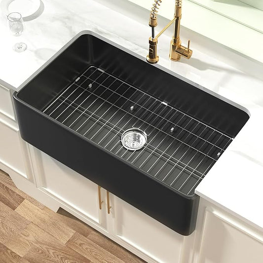 Miuara Black Farmhouse Sink 33 Inch - Large Apron Front Undermount Kitchen Sink 33x20x10, Farm House Style Deep Single Bowl, Heavy Duty Solid Fireclay, Matte Black, for Kitchen