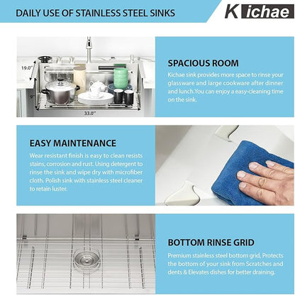 Kichae Drop In Kitchen Sink Waterfall - 33x19 Workstation Kitchen Sink Waterfall Stainless Steel 16 Gauge Luxury Handmade Single Bowl Drop Sinks with Glass Rinser