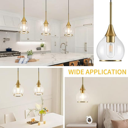 1-Piece Island Light for Kitchen, 1-Light Gold Kitchen Island Hanging Pendant Light, Brushed Gold Dining Room Light Fixture Over Table with Clear Round Glass Shades