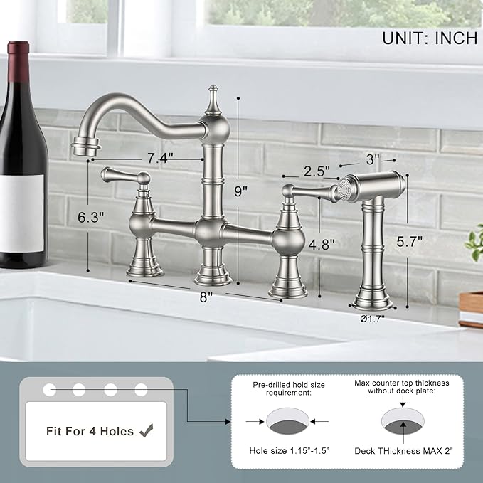 WOWOW 8 inch Centerset Bridge Kitchen Faucet with Brass Side Sprayer 2 Handles 4 Holes Antique Classic Heritage Deck-Mount Kitchen Sink Faucet, Brushed Nickel