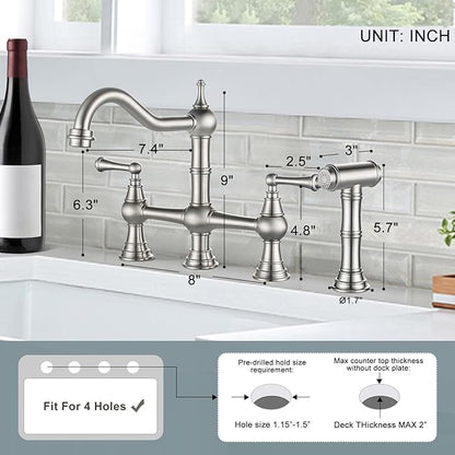 WOWOW 8 inch Centerset Bridge Kitchen Faucet with Brass Side Sprayer 2 Handles 4 Holes Antique Classic Heritage Deck-Mount Kitchen Sink Faucet, Brushed Nickel