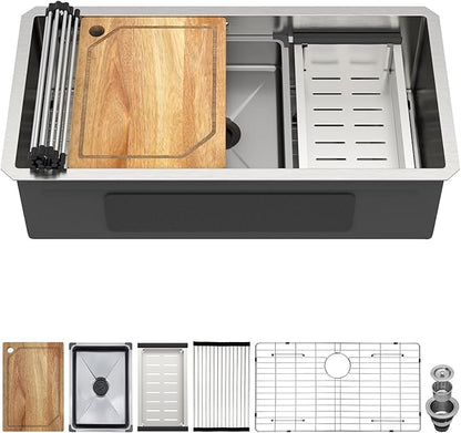 32 Undermount Kitchen Sink - 32"x17" Two-Tiered Ledge Workstation 16 Gauge Single Bowl Undermount Sink Stainless Steel All-In One Under Counter Sinks Upgraded Fast Drain & Anti-Clog #TLU-0031
