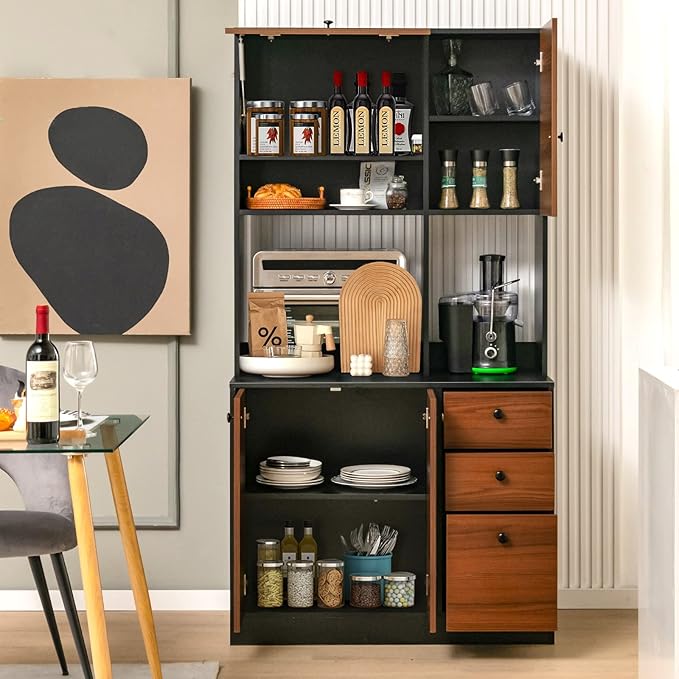PETSITE Kitchen Buffet Hutch Storage Cabinet, 71" Freestanding Pantry with 3 Cabinets & Drawers, Adjustable Shelves, Microwave Cupboard for Living Room, Dining Room (Walnut)