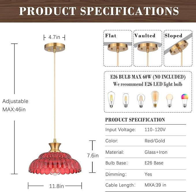 Red Glass Pendant Light, 11.8" Vintage Pendant Lighting Brushed Gold Glass Light Fixtures Red Chandelier Modern Hanging Ceiling for Dining Room Kitchen Island Sink Bedroom Foyer Entryway