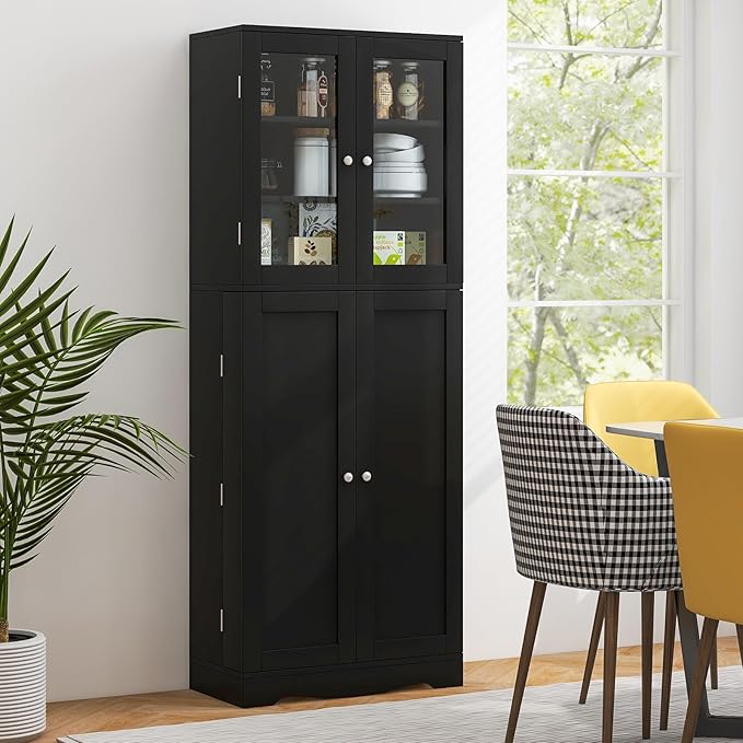 Giantex Pantry Organizers and Storage, 63.5” Tall Kitchen Cabinet, Food Buffet Cupboard with Glass Doors, Shelves with Baffle, Wooden Freestanding Sideboard for Dining Room Living Room (Black)