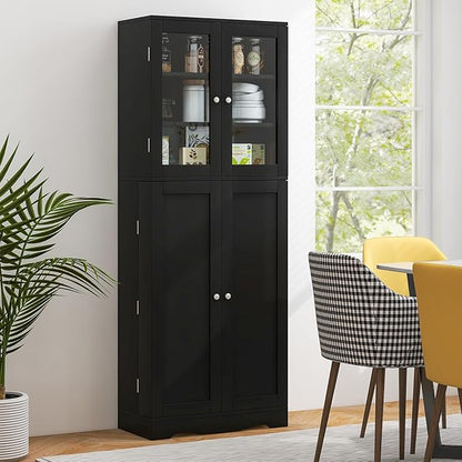 Giantex Pantry Organizers and Storage, 63.5” Tall Kitchen Cabinet, Food Buffet Cupboard with Glass Doors, Shelves with Baffle, Wooden Freestanding Sideboard for Dining Room Living Room (Black)