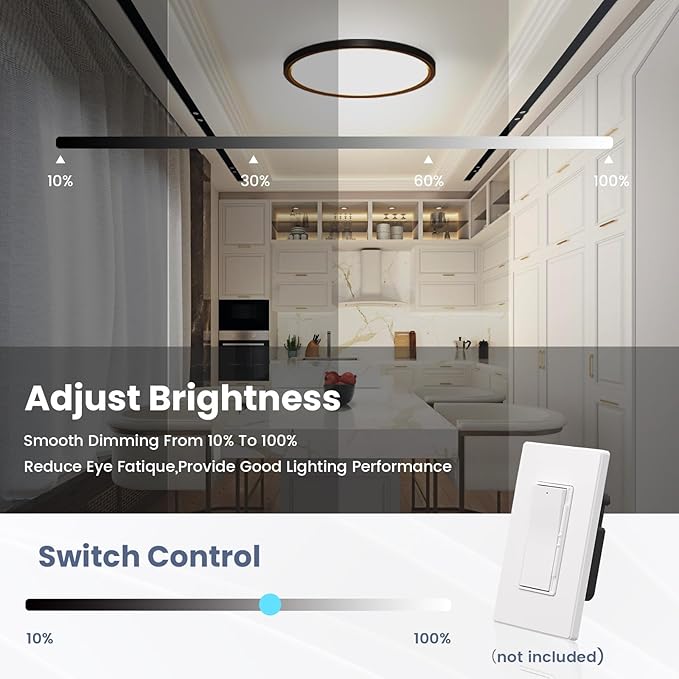 NIORSUN 12 inch Flush Mount LED Ceiling Light Fixture, 5CCT Adjustable Lights, Ultra Thin White Round Lamp, 24W Dimmable Light for Hallway, Kitchen, Bedroom, 1pack Black