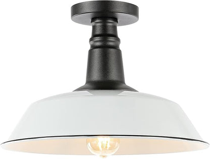 JONATHAN Y 14" White/Black 1-Light Industrial LED Semi Flush Mount Ceiling Light for Porch, Kitchen, Entryway, Modern Farmhouse Iron Fixture, White Metal Shade, LED Bulb Included JYL7617A