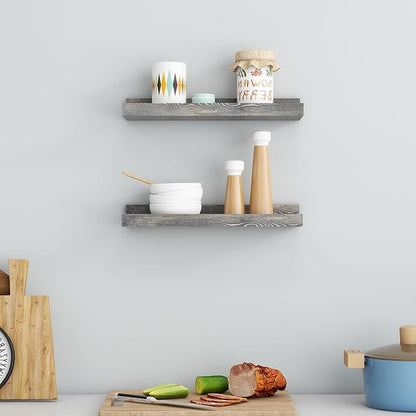 FLYJOE Picture Ledge Wall Shelves 16 inch Width Set of 2, Solid Pine Wood Rustic Floating Ledge Shelves for Wall for Kids' Room Bedroom Kitchen Bathroom Living Room Nursery Display Wall Decor, Grey