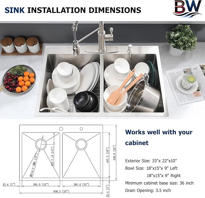 33x22 Double Bowl Drop In Kitchen Sink - 16 Gauge Stainless Steel Top Mount Drop In Sink, 50/50 Split, Durable for Home Kitchen