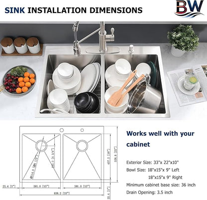 33x22 Double Bowl Drop In Kitchen Sink - 16 Gauge Stainless Steel Top Mount Drop In Sink, 50/50 Split, Durable for Home Kitchen