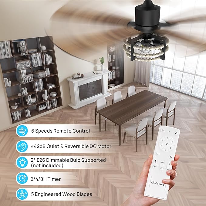 Consciot Boho Ceiling Fans with Lights Remote 52 Inch, Farmhouse Caged Ceiling Fan, 5 Double Finish Wood Blades, Reversible DC Motor, Rustic Ceiling Fan for Living Rooms, Bedrooms, Porch, Boho Decor