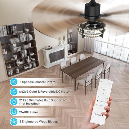 Consciot Boho Ceiling Fans with Lights Remote 52 Inch, Farmhouse Caged Ceiling Fan, 5 Double Finish Wood Blades, Reversible DC Motor, Rustic Ceiling Fan for Living Rooms, Bedrooms, Porch, Boho Decor