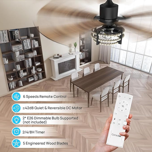 Consciot Boho Ceiling Fans with Lights Remote 52 Inch, Farmhouse Caged Ceiling Fan, 5 Double Finish Wood Blades, Reversible DC Motor, Rustic Ceiling Fan for Living Rooms, Bedrooms, Porch, Boho Decor