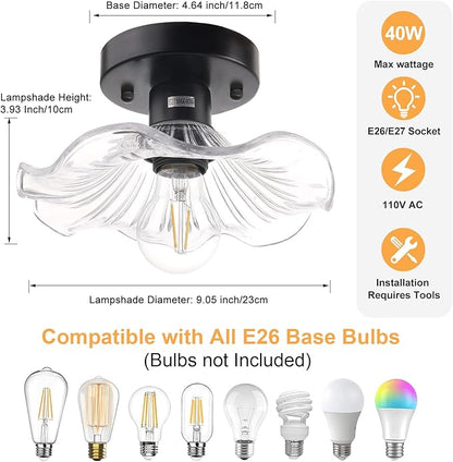 Shenmoyl Semi Flush Mount Light, Black Hallway Vintage Fixture With Clear Lotus Glass, 4.72" Base Modern Ceiling Light for Bathroom Porch Kitchen Bedroom