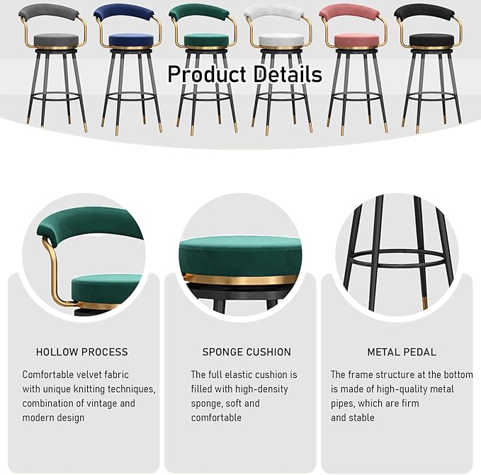 Swivel stools 1PC, Velvet Upholstered Stools with Hollow Back, Metal Chair Legs & Footrest for Kitchen Island Dining Room Pub Home, Seat Height 65cm, Black (Green Seat Height 75cm