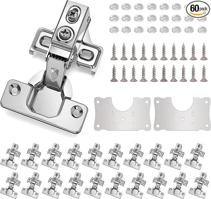 Cabinet Hinges - 60 Pack for 1/2 inch Overlay Cabinet, Face Frame Concealed 105Deg Self Closing Hinges, Stainless Soft Close Cabinet Door Hinges with Mounting Screws and Repair Plate