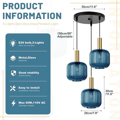 3-Light Modern Industrial Pendant Light Fixture, Adjustable Hanging Chandelier with Blue Striped Glass Shades for Kitchen Island, Dining Room, Bedroom, Black & Gold Metal Ceiling Light