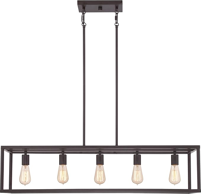 Quoizel New Harbor Linear Chandelier, 38 Inch 5-Light Western Bronze Open-Frame Pendant Lights, 100W, Max Adjustable Height 50", Island Chandelier for Kitchen, Over the Dining Table or Living Room